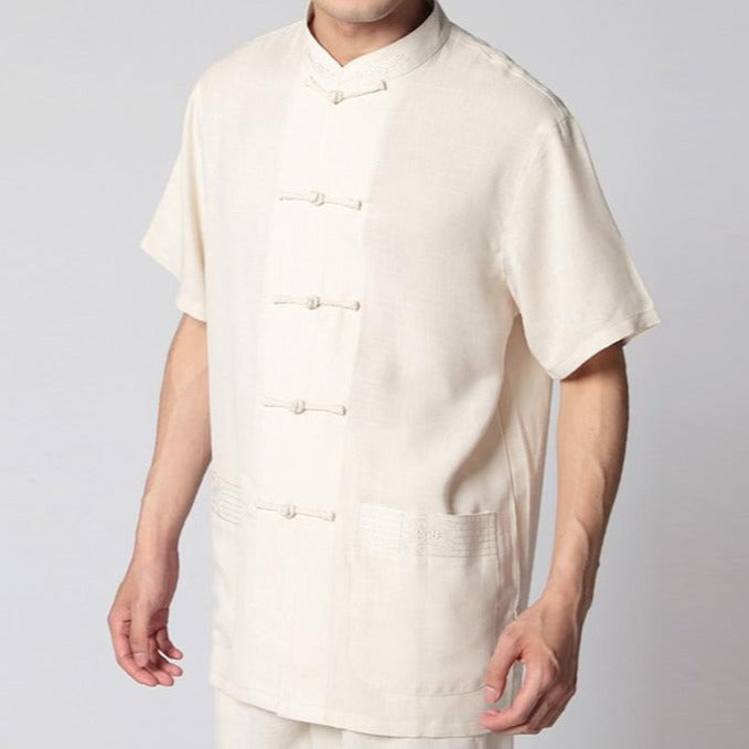 Mandarin Collar Short Sleeve Signature Cotton Chinese Shirt