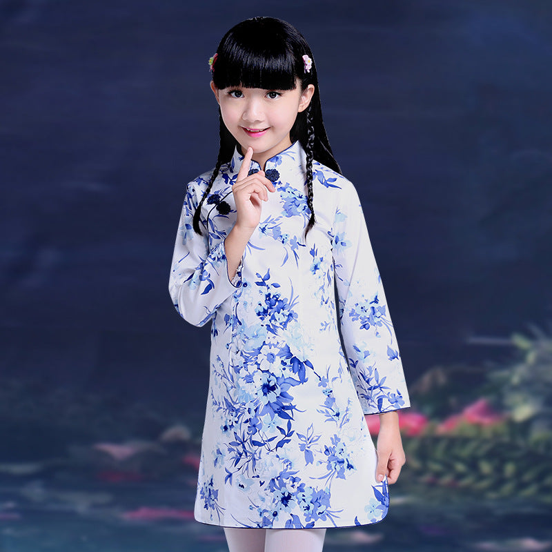 Long Sleeve 100% Cotton Girl's Cheongsam Floral Chinese Dress