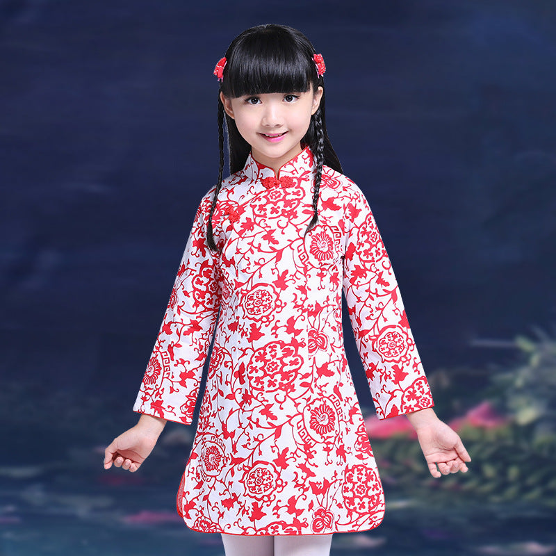 Long Sleeve 100% Cotton Girl's Cheongsam Floral Chinese Dress