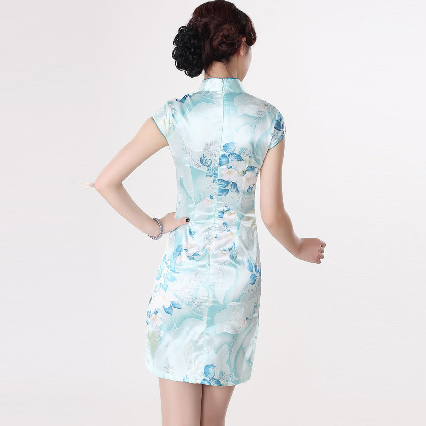 Knee Length Floral Rayon Cheongsam Chinese Dress