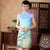 Vestido chino cheongsam hasta la rodilla de algodón elegante con estampado de pájaros y árboles