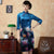 3/4 Ärmel Knielanges Cheongsam Chinesisches Kleid aus Samt mit Blumenmuster