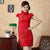 Cap Sleeve Fur Collar Floral Applique Cheongsam Chinese Dress