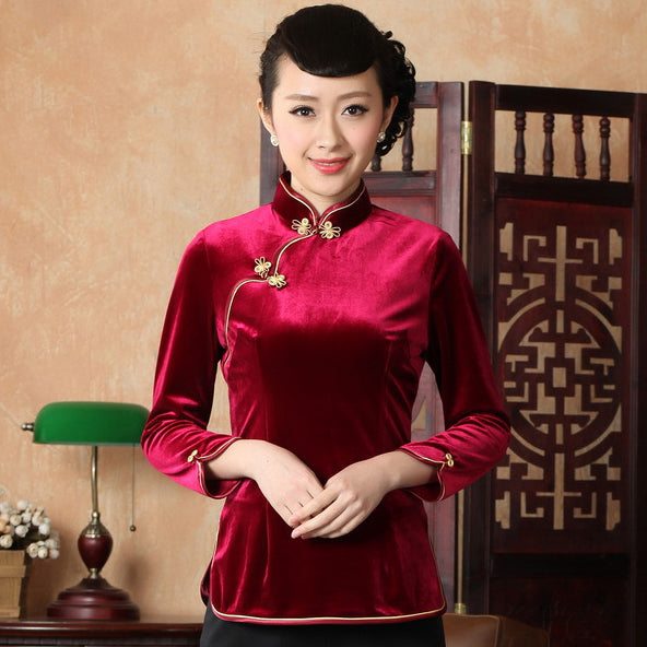 3/4 Sleeve Velvet Cheongsam Top Chinese Shirt