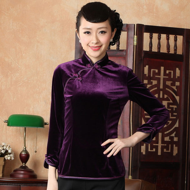3/4 Sleeve Velvet Cheongsam Top Chinese Shirt