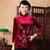 Camicia cinese con maniche a 3/4 in velluto con stampa floreale cheongsam
