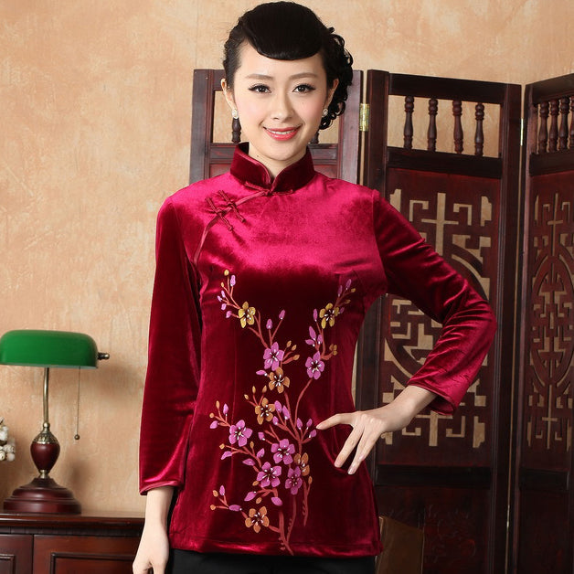 3/4 Sleeve Floral Print Velvet Cheongsam Top Chinese Shirt