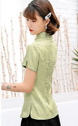 Cap Sleeve Floral Pattern Fancy Cotton Cheongsam Top Chinese Shirt