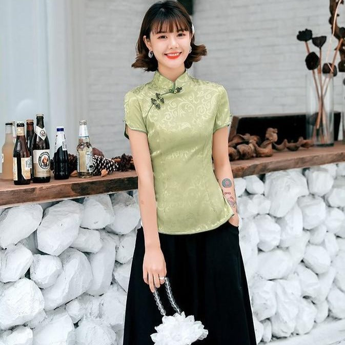 Cap Sleeve Floral Pattern Fancy Cotton Cheongsam Top Chinese Shirt