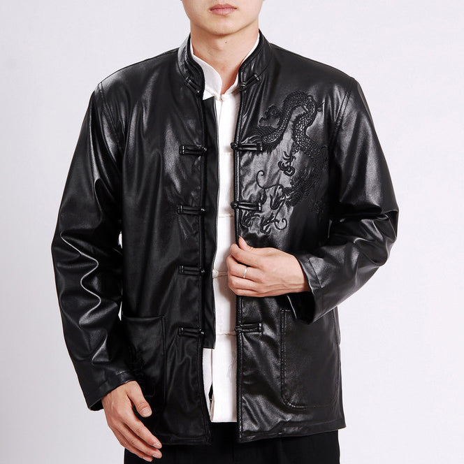 Dragon Embroidery Mandarin Collar Leather Jacket