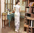 Vestido chino cheongsam de mezcla de seda con estampado de loto y manga japonesa