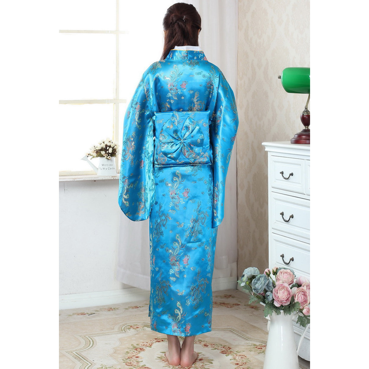 Dargon & Phoenix Pattern Brocade Women's Traditional Japanese Kimono Blue / Free Size Dargon & Phoenix Pattern Brocade Women's Traditional Japanese Kimono Blue / Free Size