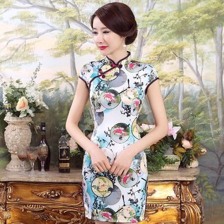 Elegant Silk Blend Knee Length Floral Cheongsam Evening Dress – IDREAMMART