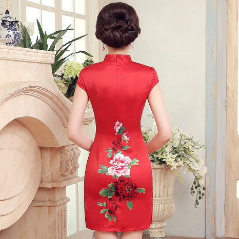 Knee Length Phoenix & Peony Pattern Silk Blend Cheongsam Evening Dress