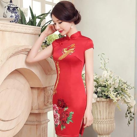 Knee Length Phoenix & Peony Pattern Silk Blend Cheongsam Evening Dress