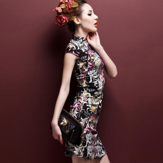 Cap Sleeve Signature Cotton Floral Cheongsam Chinese Dress