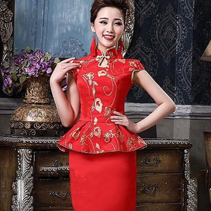 Ruffled Floral Appliques Brocade Chinese Wedding Suit