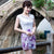 V Neck Floral Fancy Cotton Knee Length Cheongsam Chinese Dress