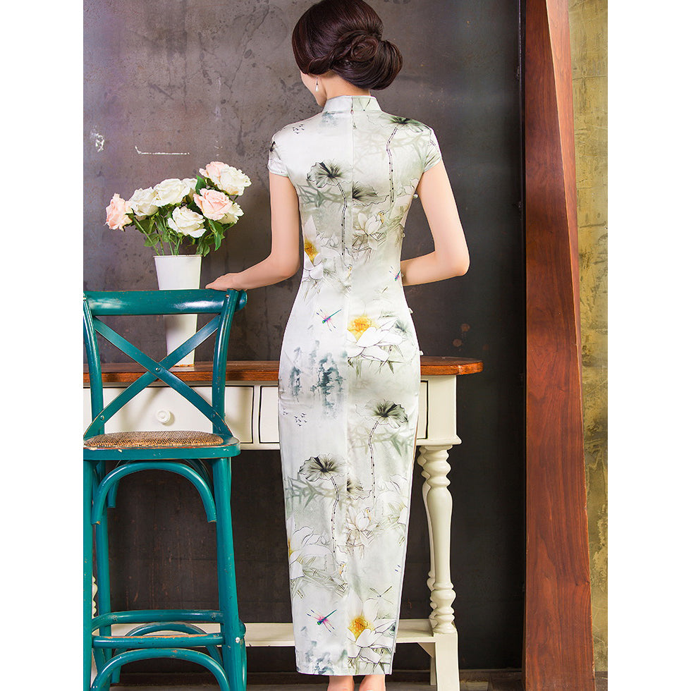 Lotus Pattern Real Silk Full Length Cheongsam Chinese Dress Lotus Pattern Real Silk Full Length Cheongsam Chinese Dress