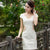 Floral Embroidery Fancy Cotton Knee Length Cheongsam Chinese Dress