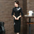 Vestido chino cheongsam de longitud de té con cuello de encaje de manga 3/4
