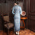 Elegant Blue Lace Joint Illusion Neck & Sleeve Full Length Cheongsam