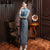 Elegant Blue Lace Joint Illusion Neck & Sleeve Full Length Cheongsam