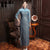 Elegante pizzo blu illusione collo e manica cheongsam integrale