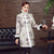 Chinese Style Long Floral Wadded Coat with Fur Edge