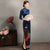 3/4 Sleeve Floral Print Full Length Velvet Cheongsam Evening Dress
