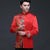 Traje de novio chino en satén con estampado de dragón y botones de tirantes
