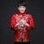 Traje de novio chino en satén con estampado de dragón y botones de tirantes