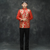 Traje de novio chino en raso con estampado de dragón dorado con botones de tirantes