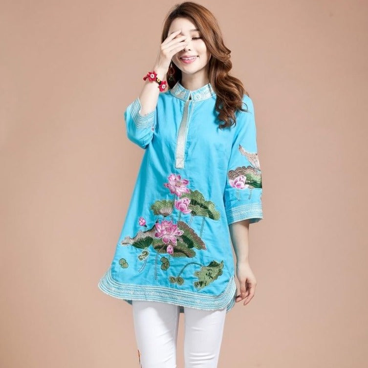 Lotus Embroidery Signature Cotton Chinese Style Blouse – IDREAMMART