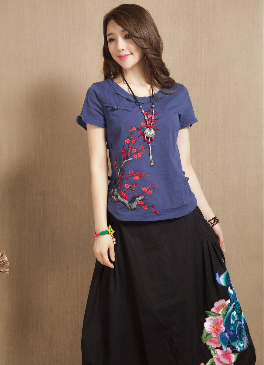 Wintersweet Embroidery Cap Sleeve Signature Cotton Chinese Style Blouse