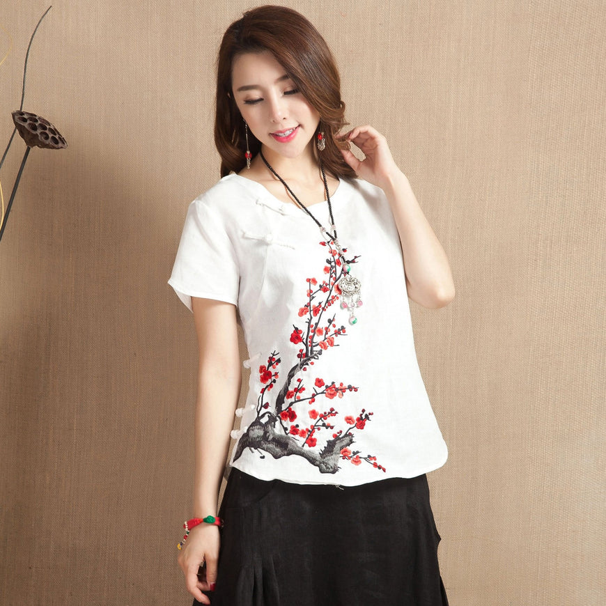 Wintersweet Embroidery Cap Sleeve Signature Cotton Chinese Style Blouse