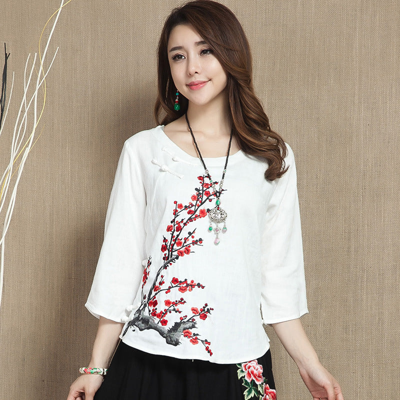 Blusa de estilo chino de algod n de la firma con mangas 3 4