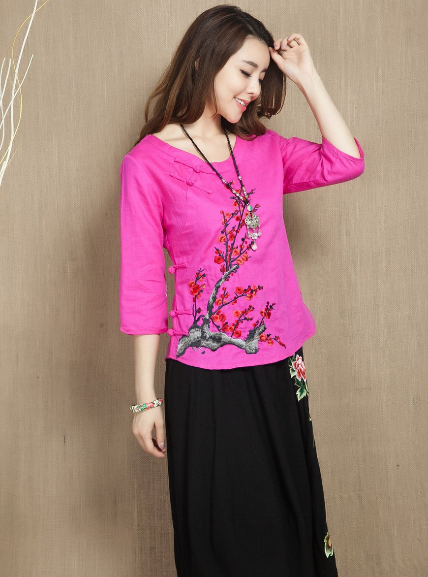 Wintersweet Embroidery 3/4 Sleeve Signature Cotton Chinese Style Blouse