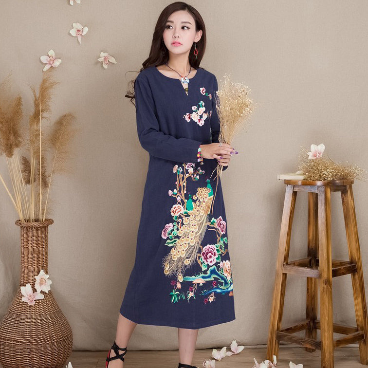 Peakcock & Floral Embroidery Long Sleeve Tea Length Chinese Dress IDREAMMART Peakcock & Floral Embroidery Long Sleeve Tea Length Chinese Dress IDREAMMART
