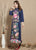Pájaro y bordado floral 3/4 manga vestido chino largo hasta el té