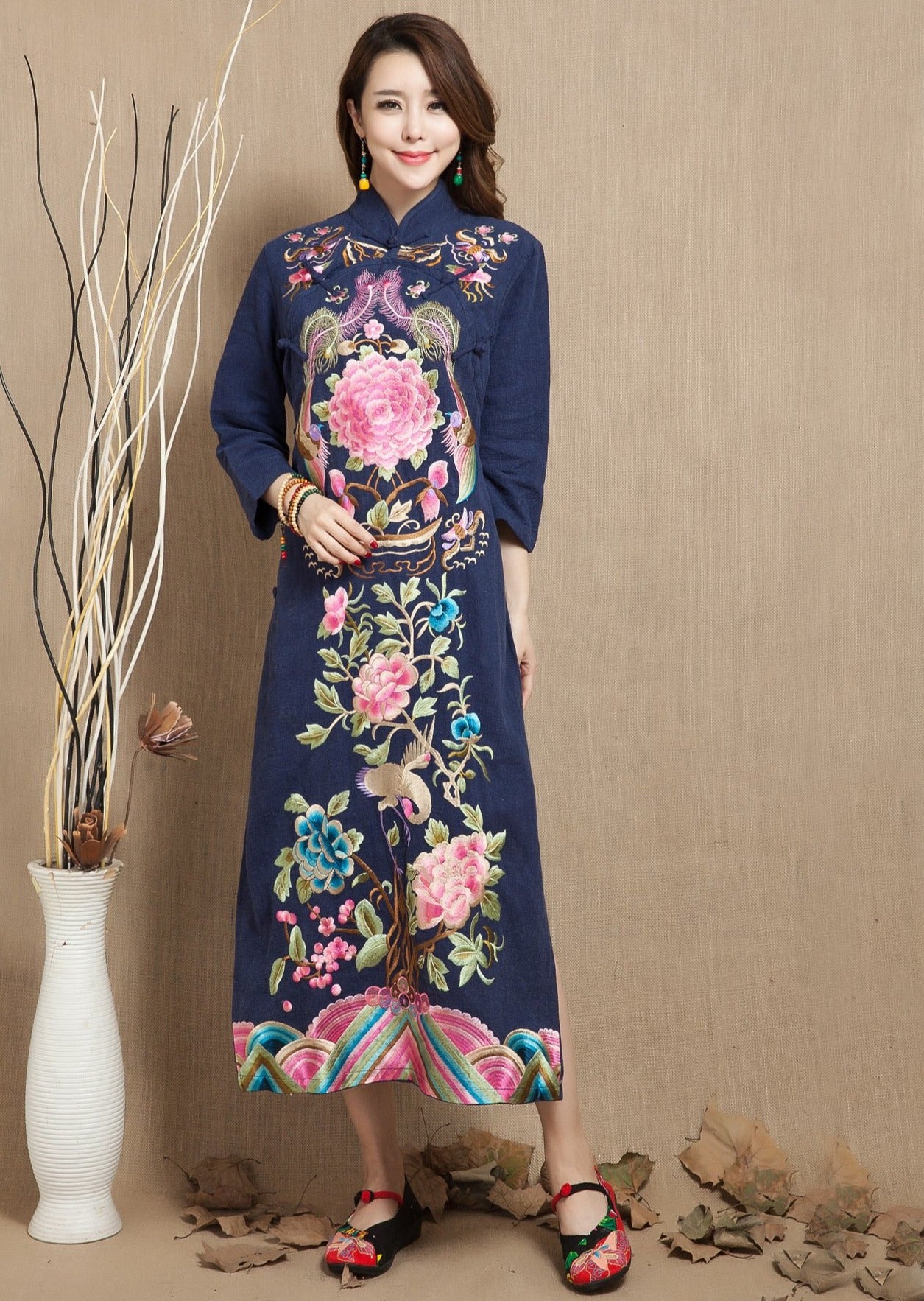 Bird & Floral Embroidery 3/4 Sleeve Tea Length Chinese Dress – IDREAMMART