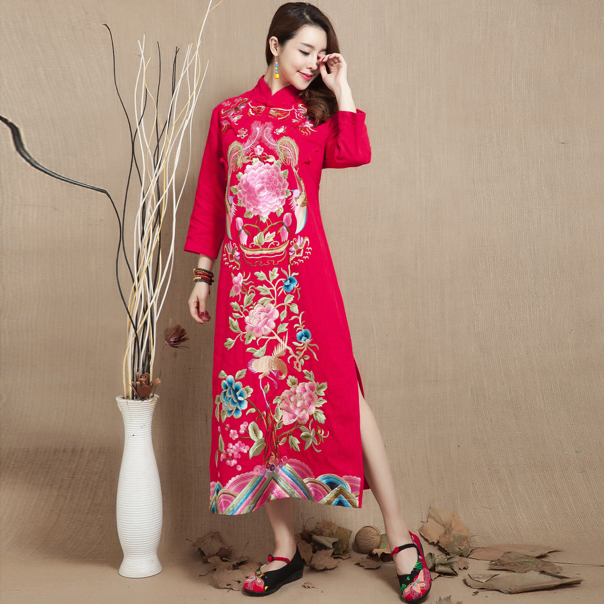 Bird & Floral Embroidery 3/4 Sleeve Tea Length Chinese Dress – IDREAMMART