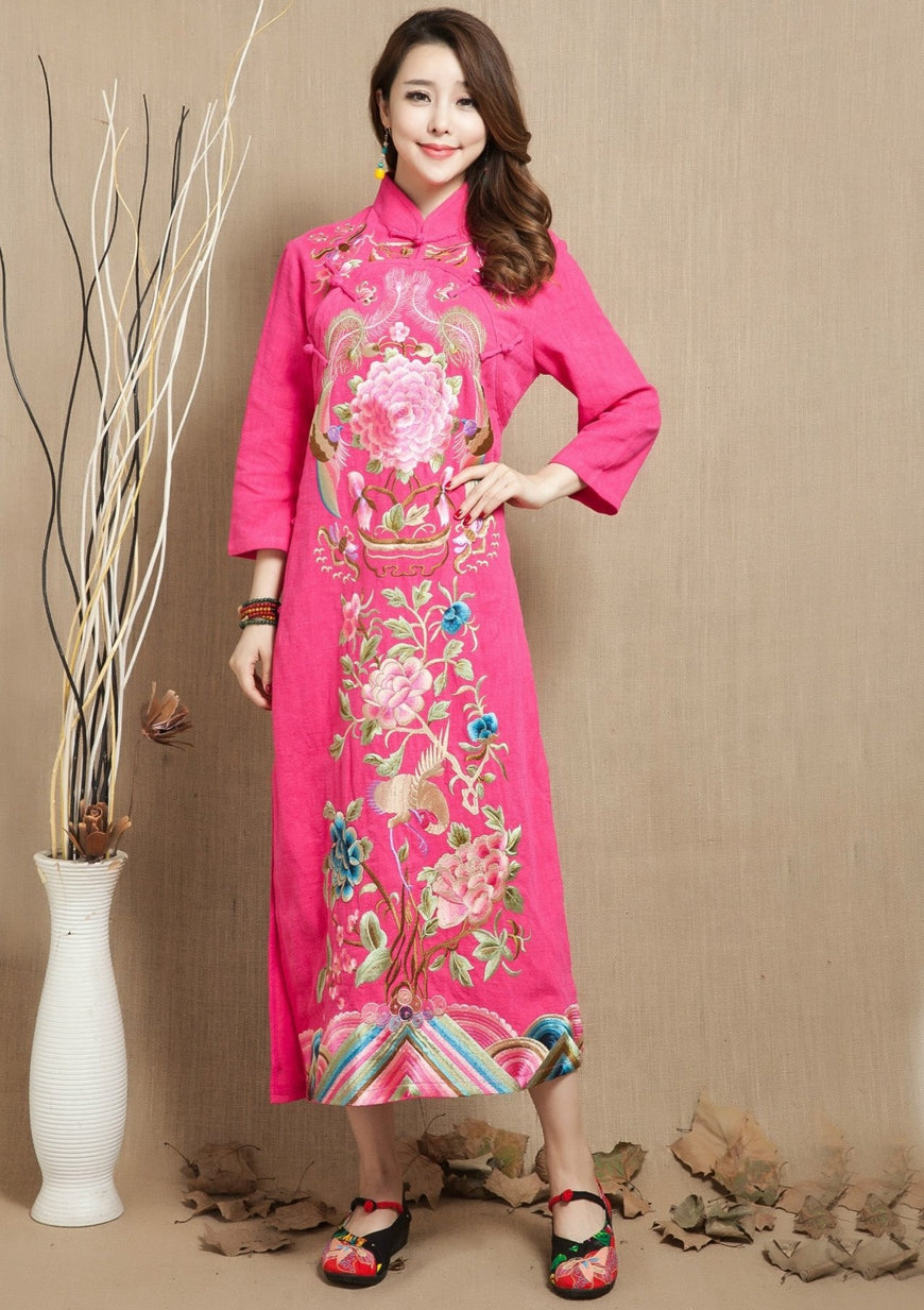 Bird & Floral Embroidery 3/4 Sleeve Tea Length Chinese Dress
