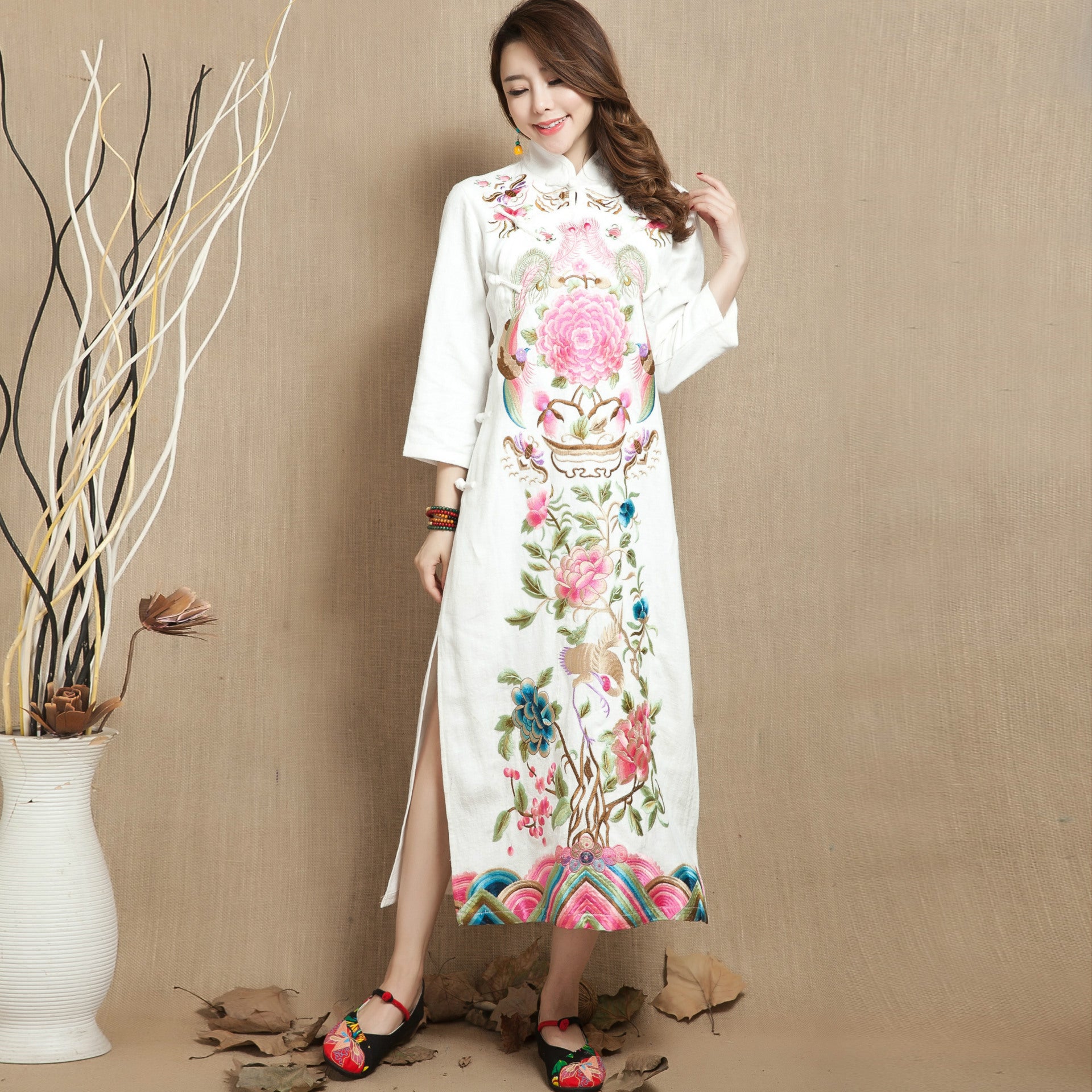 Bird & Floral Embroidery 3/4 Sleeve Tea Length Chinese Dress IDREAMMART Bird & Floral Embroidery 3/4 Sleeve Tea Length Chinese Dress IDREAMMART