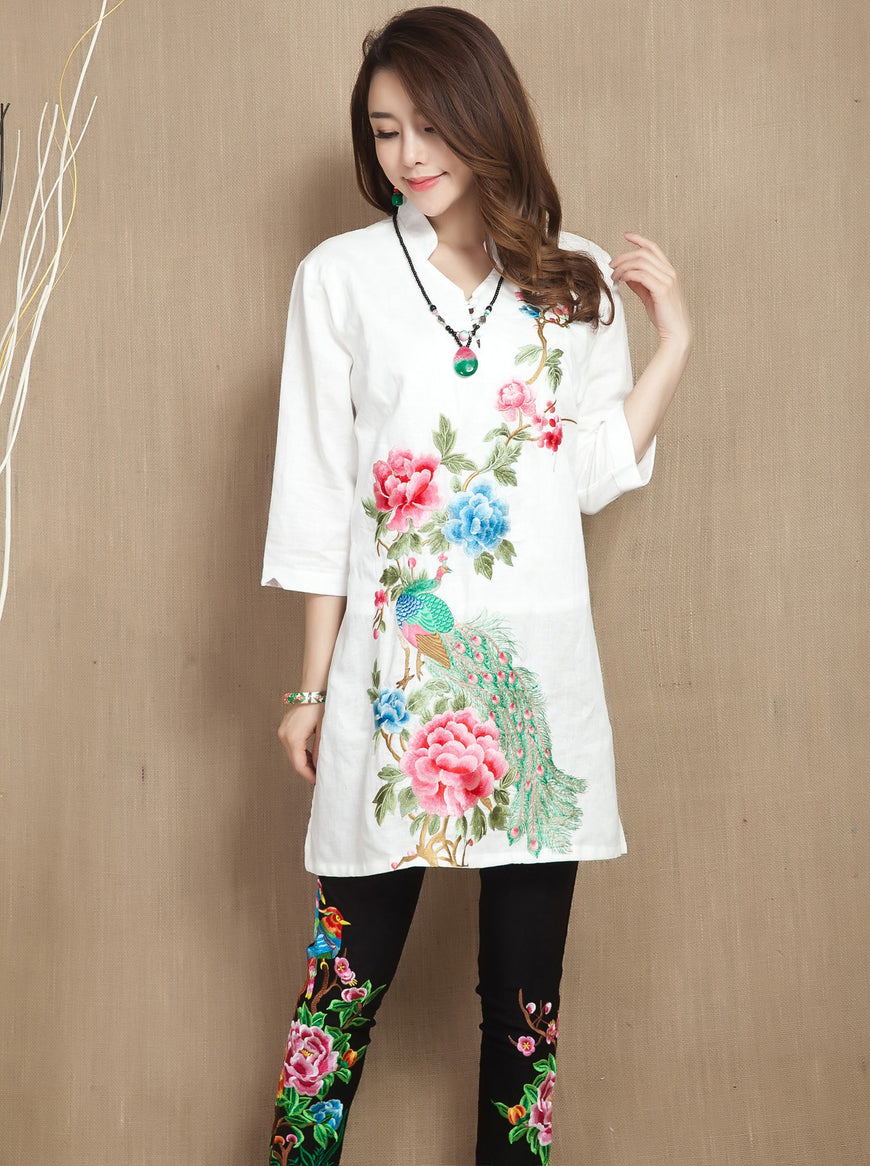 V Neck 3/4 Sleeve Floral Embroidery Long Chinese Blouse