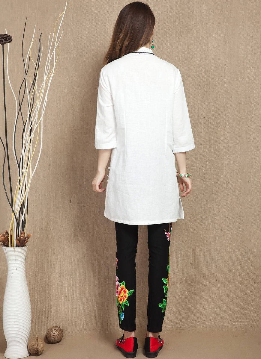 V Neck 3/4 Sleeve Floral Embroidery Long Chinese Blouse