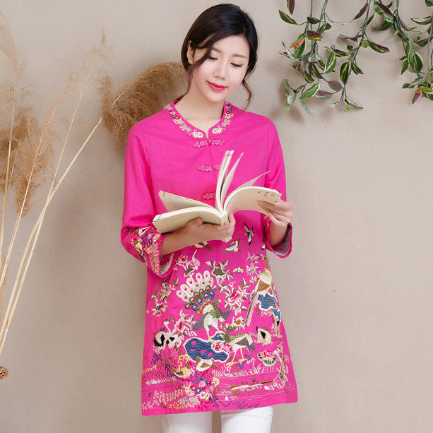 Plus Size Peacock & Floral Embroidery Traditional Chinese Blouse