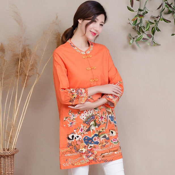 Plus Size Peacock & Floral Embroidery Traditional Chinese Blouse