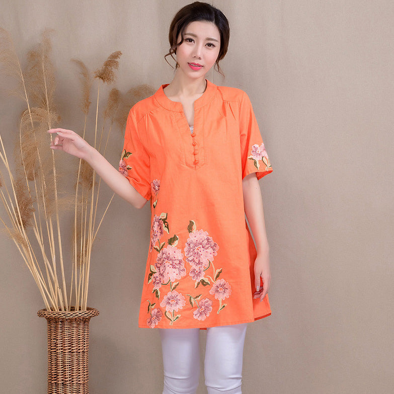 Plus Size V Neck Floral Embroidery Traditional Chinese Blouse