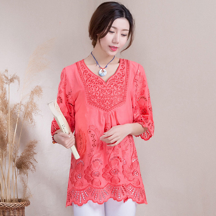 Hollow Out Floral Embroidery Loose Traditional Chinese Blouse